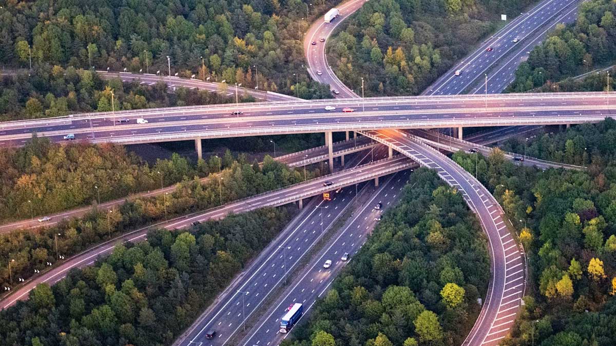 Aerial view of a busy motorway interchange