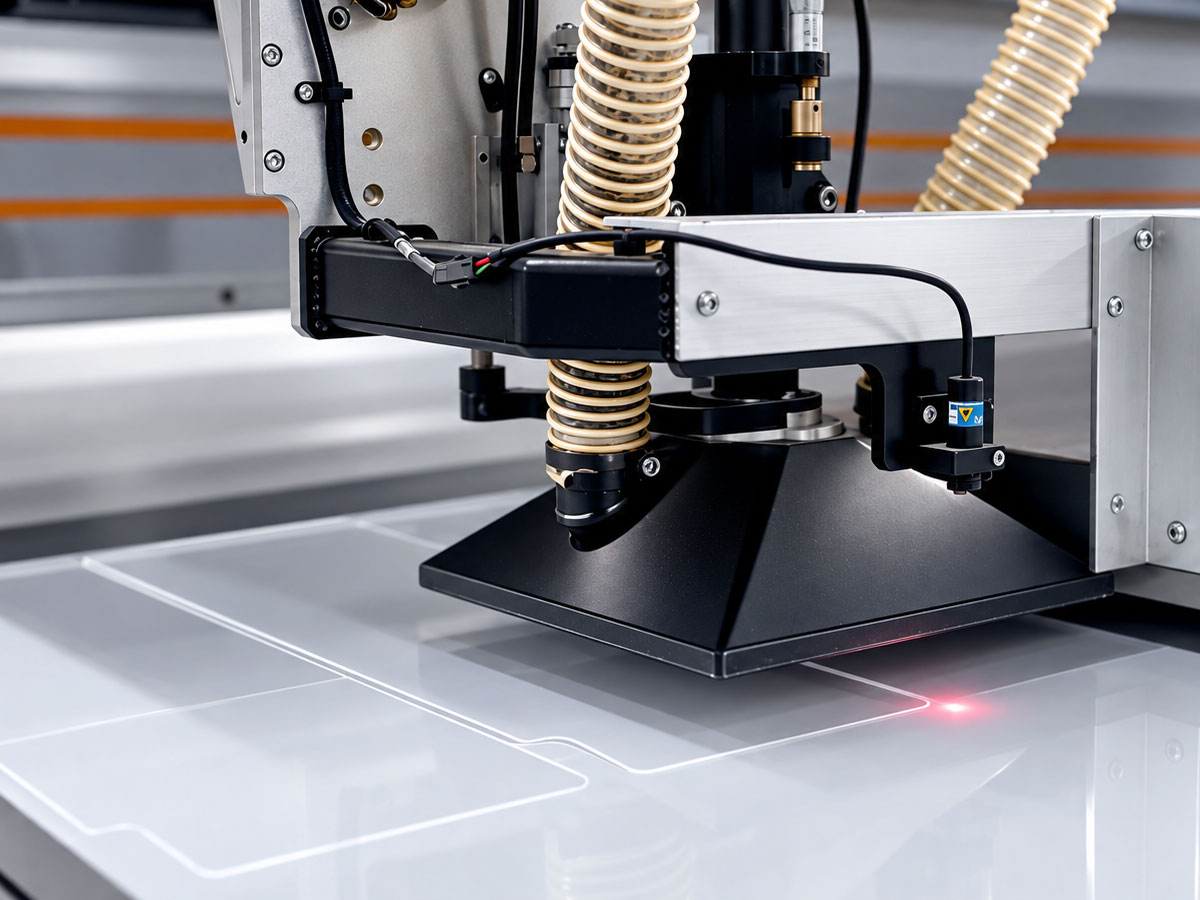 Laser cutting head over an acrylic sheet with a plate outline cut