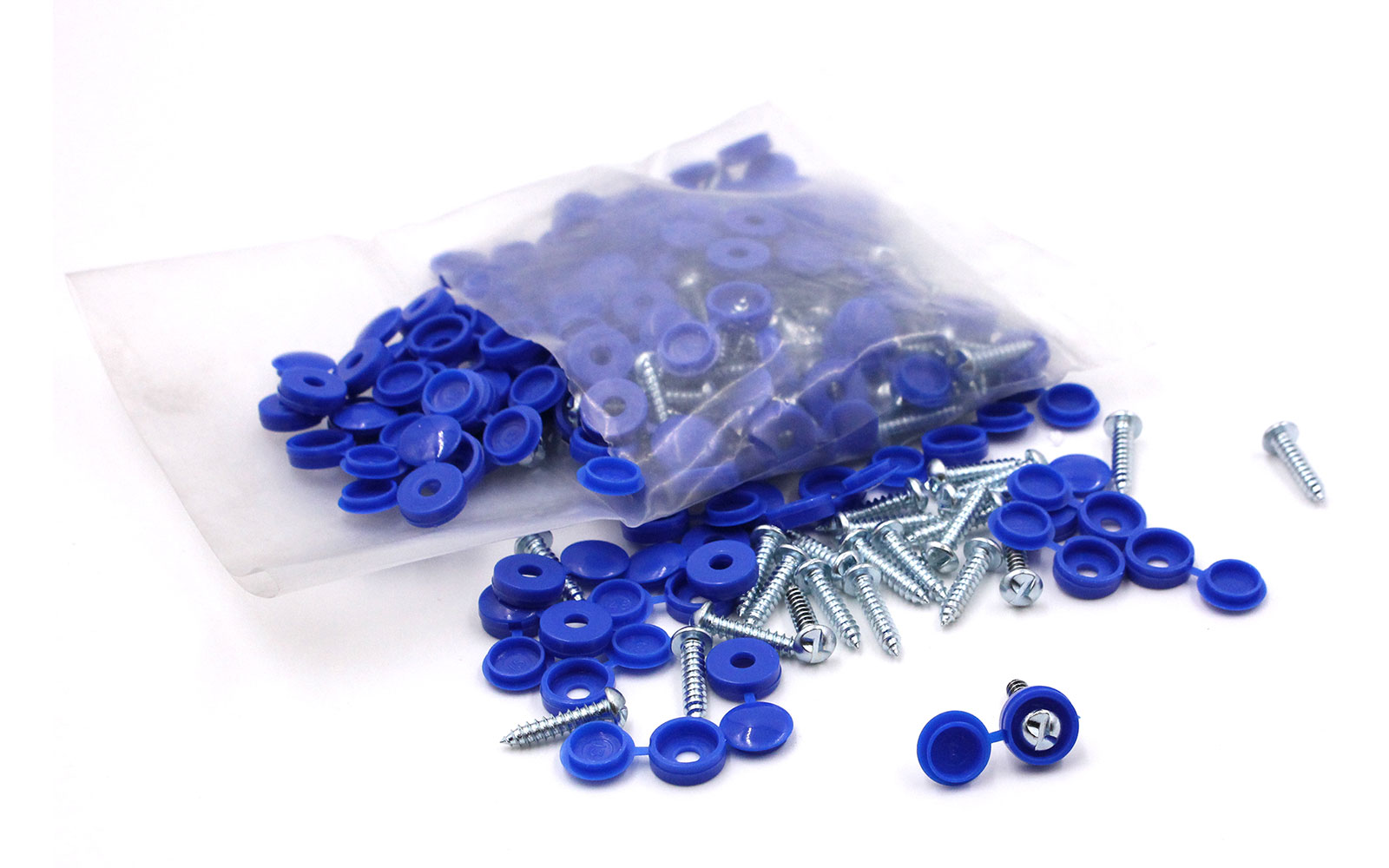A bag of blue number plate screw caps with self tapping screws spilling out