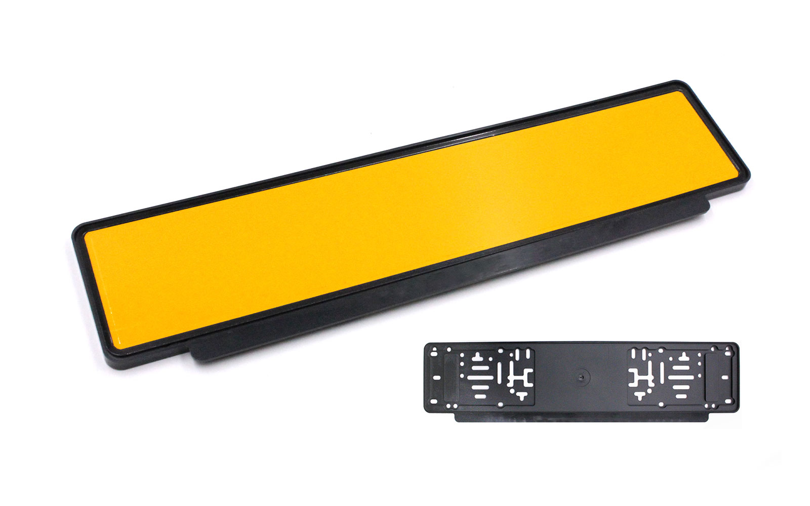 Black number plate backing frame with a yellow plate fitted, and the frame from behind