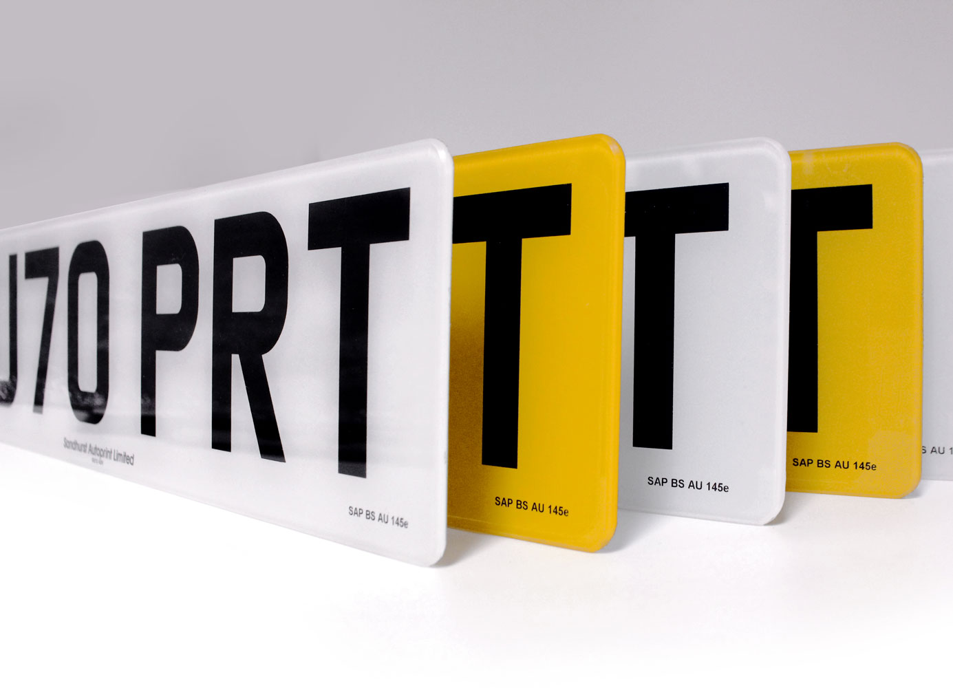 Sandhurst Autoprint number plates, each marked SAP BS AU 145e