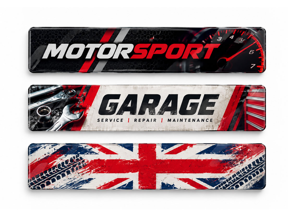 Three full colour show plates: Motorsport, Garage and a Union flag design