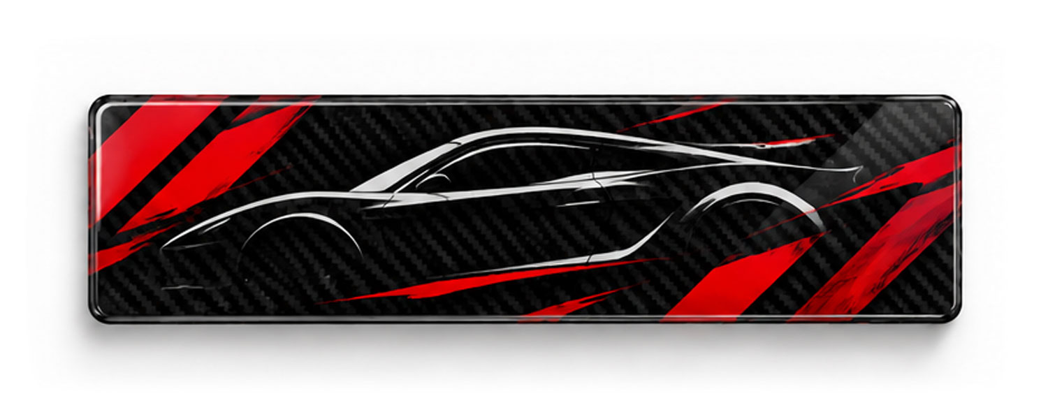 Carbon fibre show plate with a sports car silhouette and red stripes