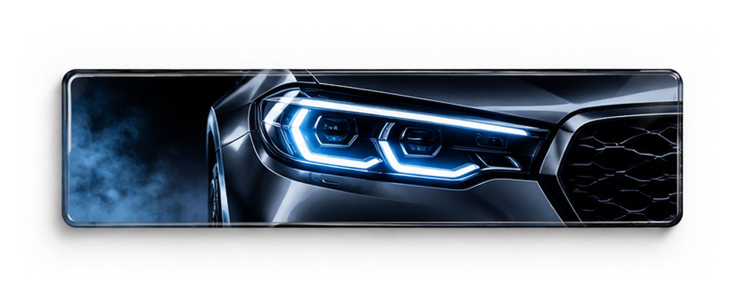 Show plate printed with a close-up of a car headlight and grille