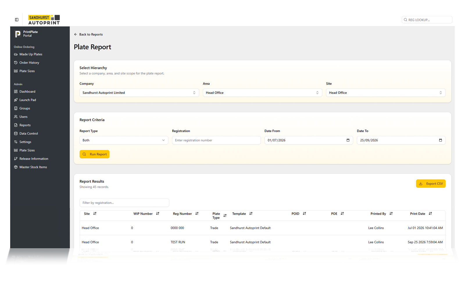 The PrintPlate plate report screen with search criteria and results
