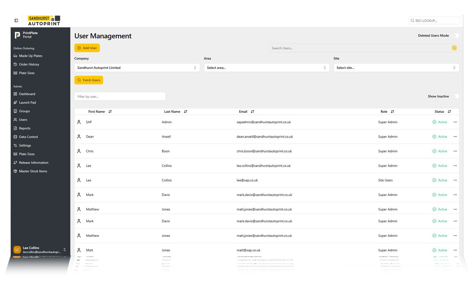 The PrintPlate user management screen listing users, roles and status
